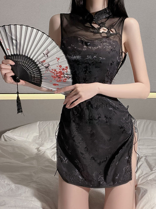 Black Alluring Side-Tie Cutout Qi Pao