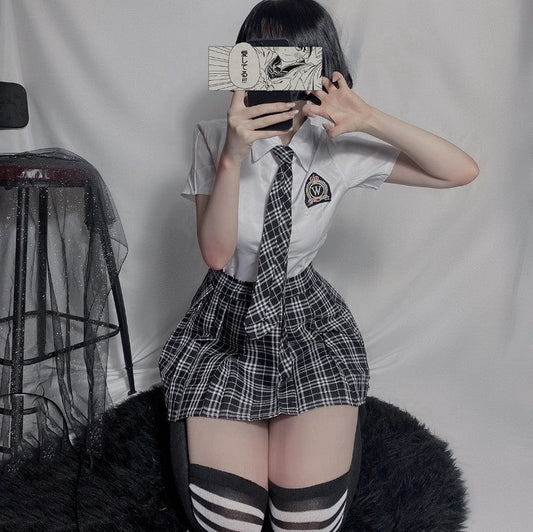 Seductive Schoolgirl Uniform with Plaid Collar and Tie (S)