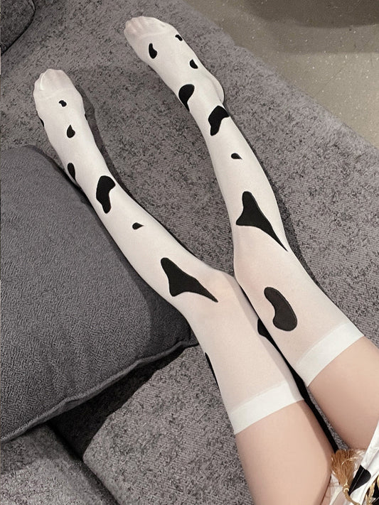 White Cow Print Sheer Thigh High Stockings